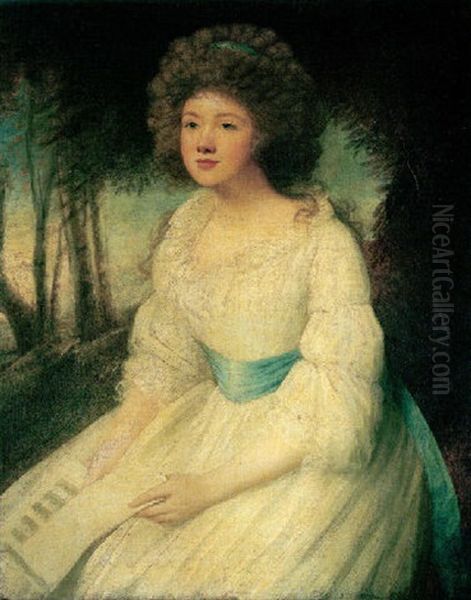 Portrait Of A Lady Wearing A White Dress, Holding A Letter, With A Landscape Beyond Oil Painting by Ozias Humphry