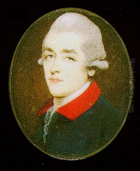 A Gentleman Wearing A Powdered Wig And Blue Coat With Red Collar Oil Painting by Ozias Humphry