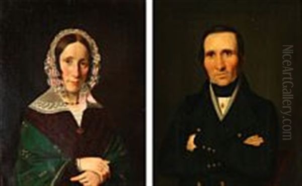 A Pair Of Portraits Of A Married Couple (soap Manufacturer Ole Jensen And His Wife Juliane Marie Jensen) Oil Painting by Andreas Hunaeus