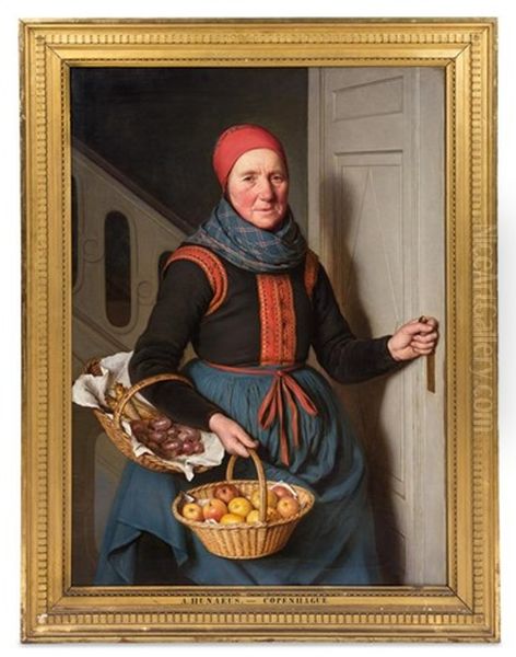 Untitled (woman With Onions, Apples And Fish) Oil Painting by Andreas Hunaeus