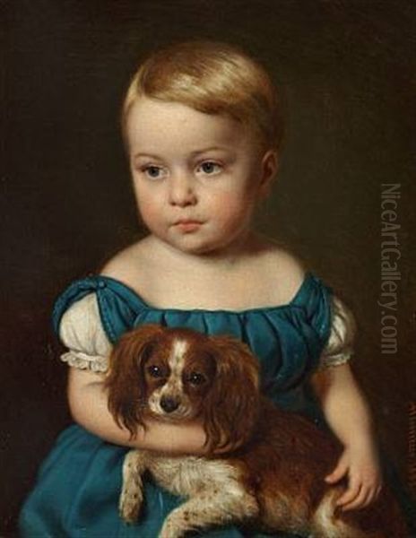 A Little Girl With Her Dog Oil Painting by Andreas Hunaeus