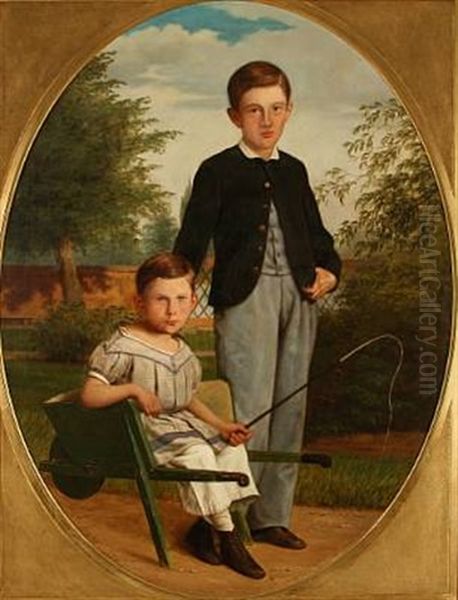 Two Boys In A Garden, One Is Sitting In A Wheelbarrow Oil Painting by Andreas Hunaeus