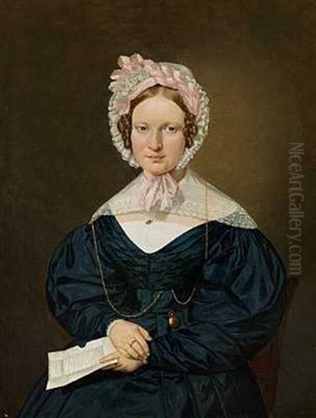 Portraet Af Mette Marie Mathiesen I Bla Silkekjole Holdende Et Brev Oil Painting by Andreas Hunaeus