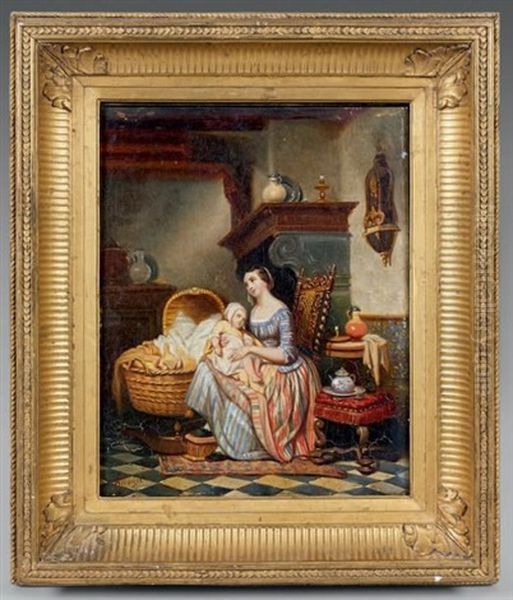 Jeune Mere Et Son Enfant Dans Un Interieur Oil Painting by Pierre Paul Alouis Hunin