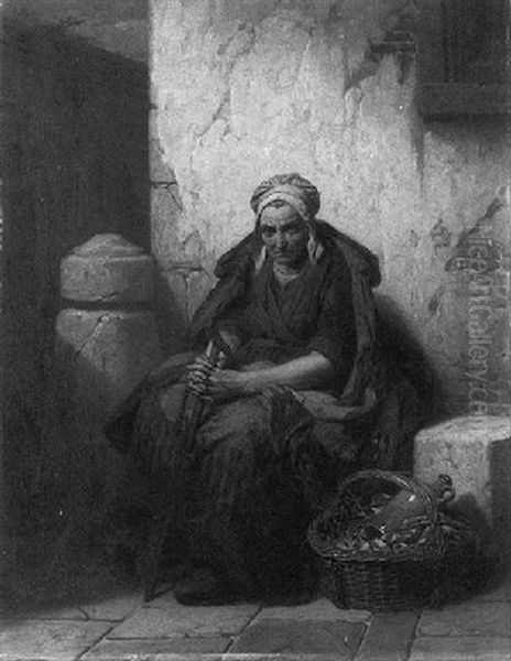 An Old Peasant Woman Leaning Against A Wall, A Reeded Basket With A Jug By Her Feet, In A South European Town Oil Painting by Pierre Paul Alouis Hunin