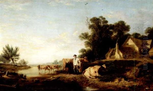 Milking Time (collab. W/w. Fox) Oil Painting by Charles Hunt the Younger