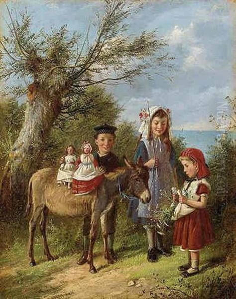 Dollies On A Donkey Oil Painting by Charles Hunt the Younger