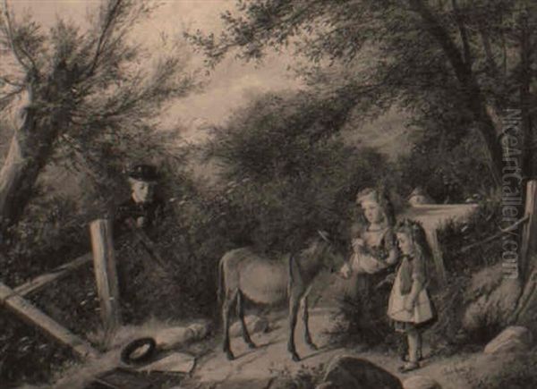 Children Gathering Flowers And Playing On A Country Path With Donkey Oil Painting by Charles Hunt the Younger