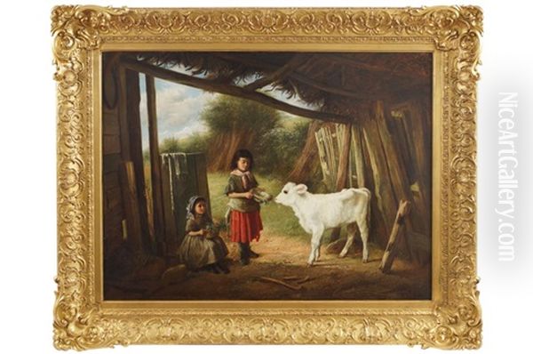 Feeding The Calf Oil Painting by Charles Hunt