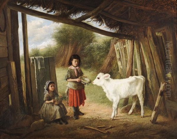 Feeding Time, Two Country Girls Feeding A Calf In A Stable Oil Painting by Charles Hunt