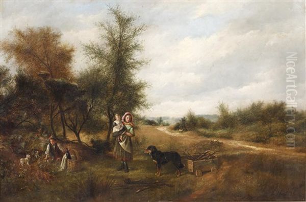 Children Picnicking In A Landscape Oil Painting by Charles Hunt