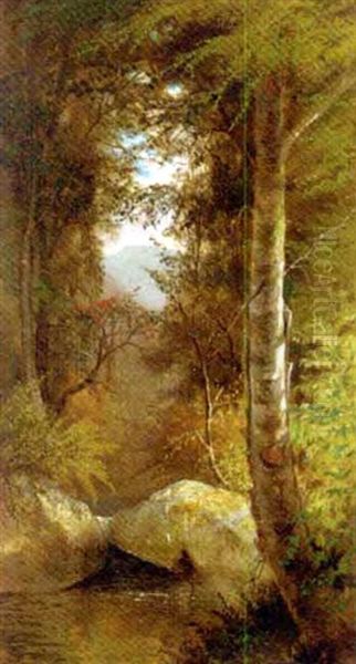 A River Running Through A Forest With A View Of A Mountain Through The Trees Oil Painting by Charles Day Hunt