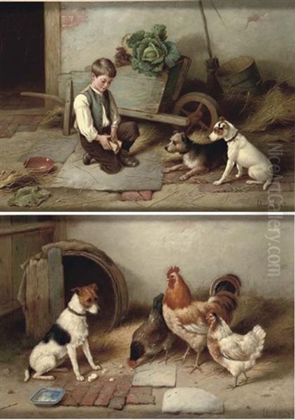 A Boy With Terriers (+ Farmyard Friends; 2 Works) Oil Painting by Claude Hunt