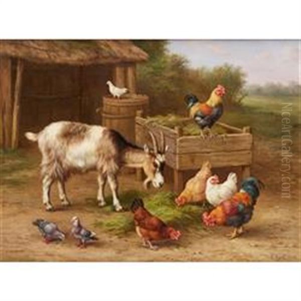 Chickens, Doves And Goats By A Water Butt Oil Painting by Edgar Hunt