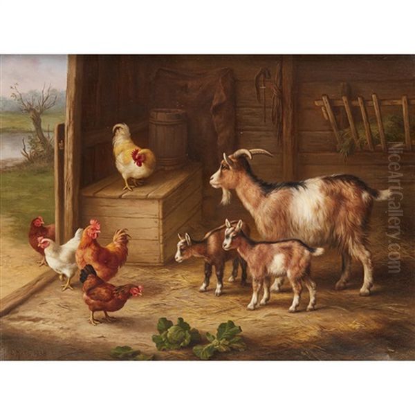 Chickens And Goats In A Byre Oil Painting by Edgar Hunt