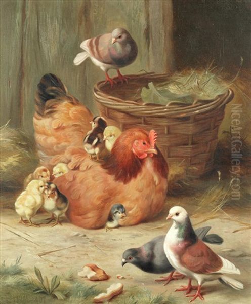 A Rhode Island Red And Her Chicks With Three Pigeons Oil Painting by Edgar Hunt