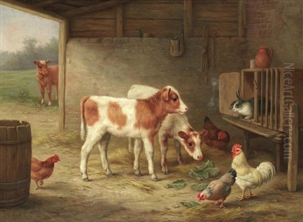 A Barn Interior With Two Ayrshire Calves, A Cockerel, Hens And A Rabbit Oil Painting by Edgar Hunt