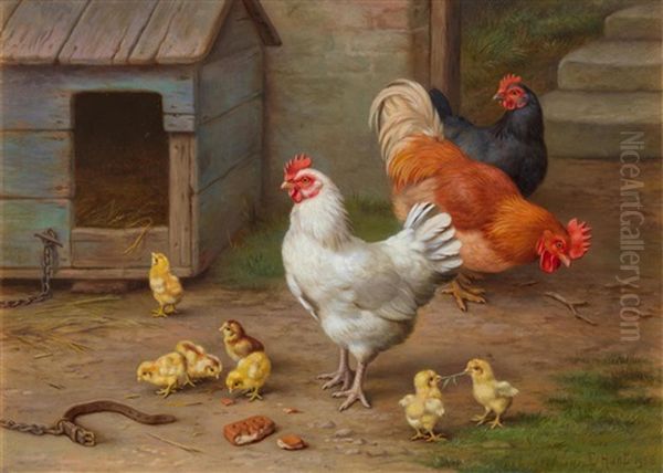 A Cockerel, Hens And Chicks By A Pail; A Cockerel, Hens And Chicks By A Kennel Oil Painting by Edgar Hunt