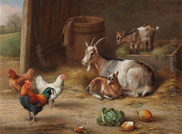 A Goat And Her Kids With A Cockerel And Hens Oil Painting by Edgar Hunt