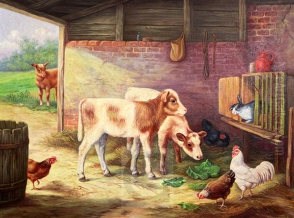 Calves And Poultry In A Stable Oil Painting by Edgar Hunt