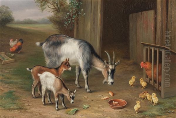 Goats And Chickens In A Farmyard; Donkeys And Chickens In A Farmyard Each 30.5 X 46cm (12 X Oil Painting by Edgar Hunt