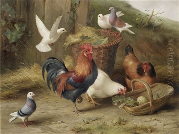 Chickens And Doves By A Wicker Basket And Trug Oil Painting by Edgar Hunt