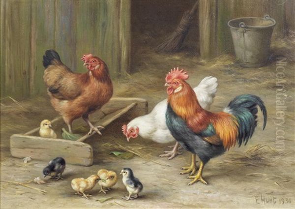 A Pony And A Goat Feeding; Hens And Chickens On The Barn Floor (pair) Oil Painting by Edgar Hunt