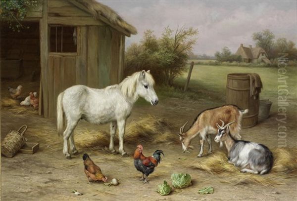 A Grey Pony, Goats And Chickens In A Farmyard Oil Painting by Edgar Hunt