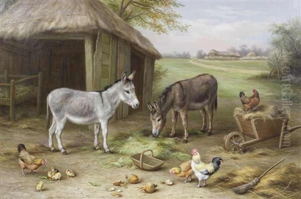 Donkeys And Chickens In A Farmyard Oil Painting by Edgar Hunt