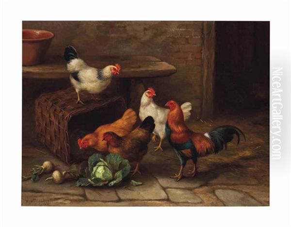 A Cockerel And Hens Oil Painting by Edgar Hunt