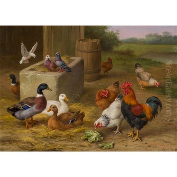 Hens, Pigeons And Duck In A Farmyard Oil Painting by Edgar Hunt