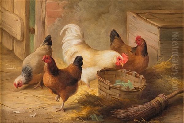 Chickens In A Barn With Basket Of Leaves And Broom Oil Painting by Edgar Hunt