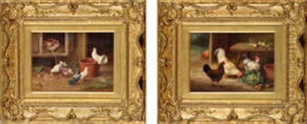 Pigeons By A Rabbit Hut, And An Interior Scene With Cockerel And Hens Oil Painting by Edgar Hunt