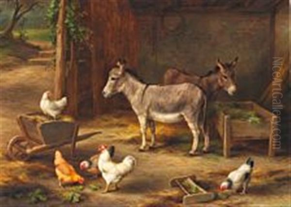 Donkeys And Chickens In A Barn Oil Painting by Edgar Hunt