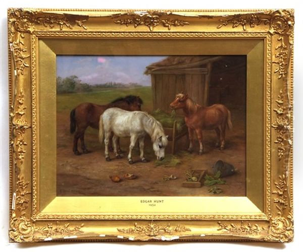 Farmyard Scene With Three Ponies Feeding Oil Painting by Edgar Hunt