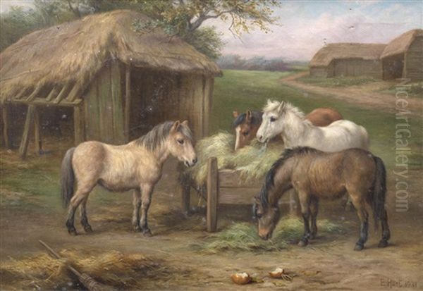 Ponies With Cocks And Hens; Dinner Time Oil Painting by Edgar Hunt