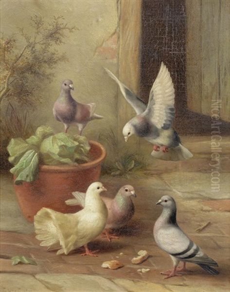 Farmyard Family; Feeding Time Oil Painting by Edgar Hunt