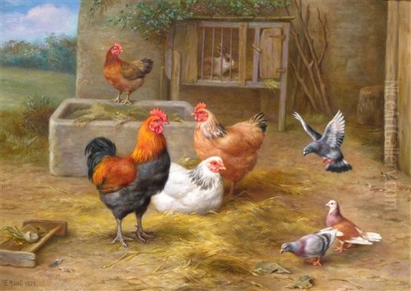 Chickens And Pigeons In A Farmyard Oil Painting by Edgar Hunt