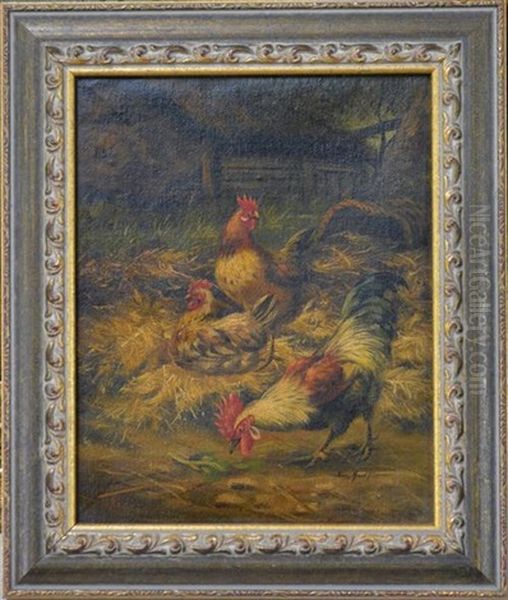 Rooster & Hens Oil Painting by Edgar Hunt