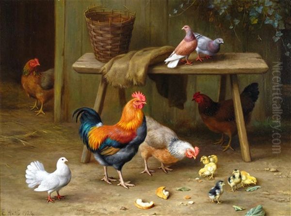 A Rooster, Hens, Chicks And Doves By A Barn Oil Painting by Edgar Hunt