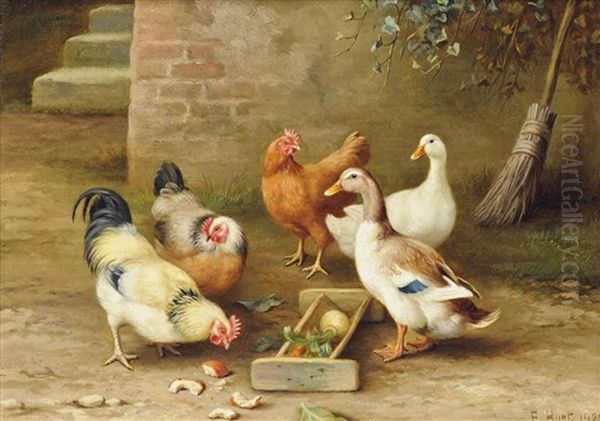 Chickens And Ducks In A Farmyard Oil Painting by Edgar Hunt