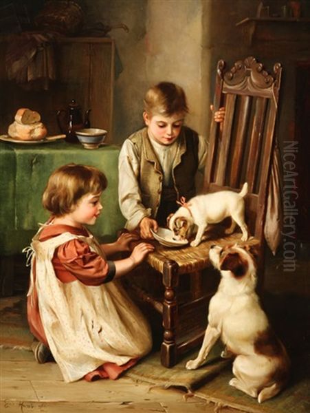 Children With Puppies Oil Painting by Edgar Hunt