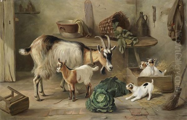 Puppies And Goats Oil Painting by Edgar Hunt