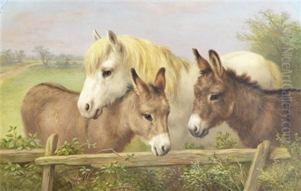 A Grey Pony And Two Donkeys Oil Painting by Edgar Hunt