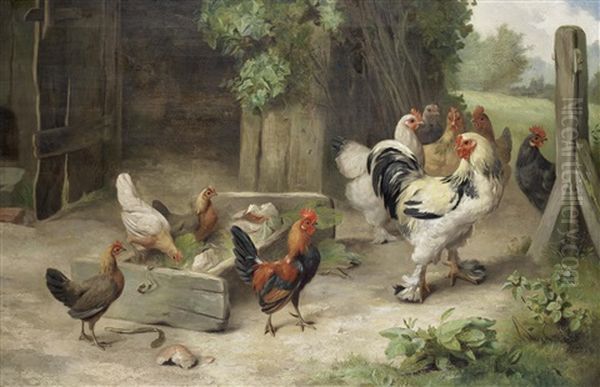 A Farmyard Scene With Chickens And Bantams Oil Painting by Edgar Hunt