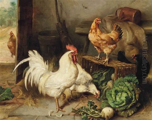 Chickens And Cockerel In A Barn Oil Painting by Edgar Hunt