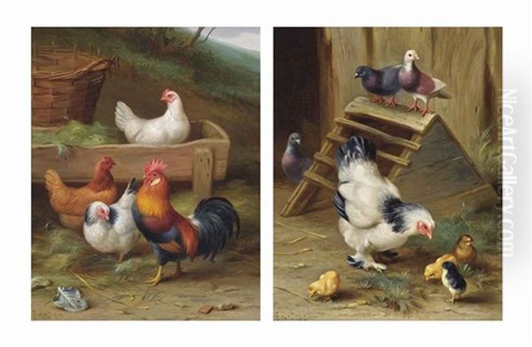 A Cockerel And His Hens (+ A Mother Hen And Her Chicks; 2 Works) Oil Painting by Edgar Hunt