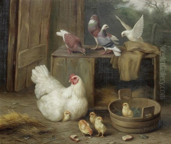 Farmyard Scene With Chickens (+ Chickens, Chicks And Doves In A Farmyard; Pair) Oil Painting by Edgar Hunt