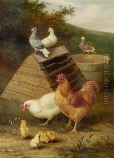 Hens, Chicks And Pigeons Oil Painting by Edgar Hunt