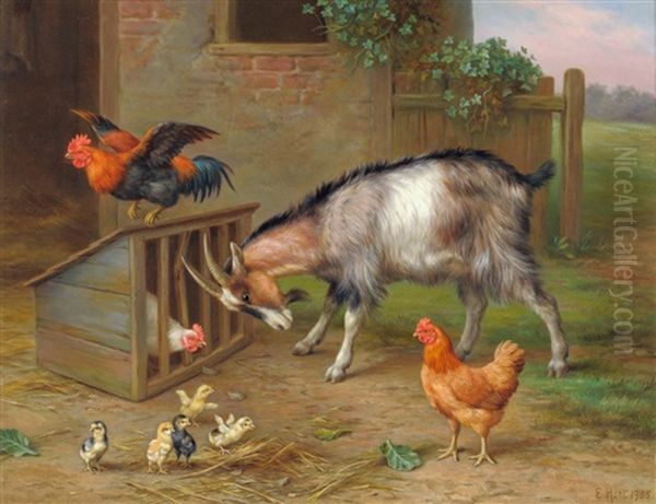 Farmyard Scene With Goat, Chickens And Chicks Oil Painting by Edgar Hunt